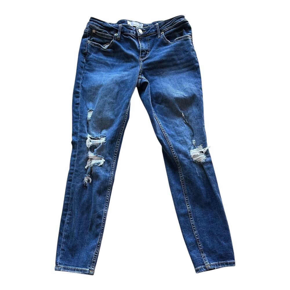 Womens Jeans Size 30 Mid Rise Distressed Skinny Dark Blue Tattered Rip Stretch